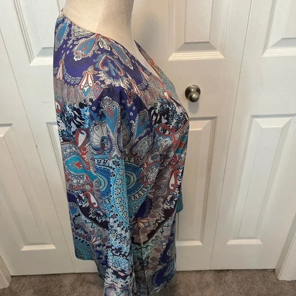 Chicos Size M V-Neck Paisley Print Tunic Top - Blue - Picture 12 of 15